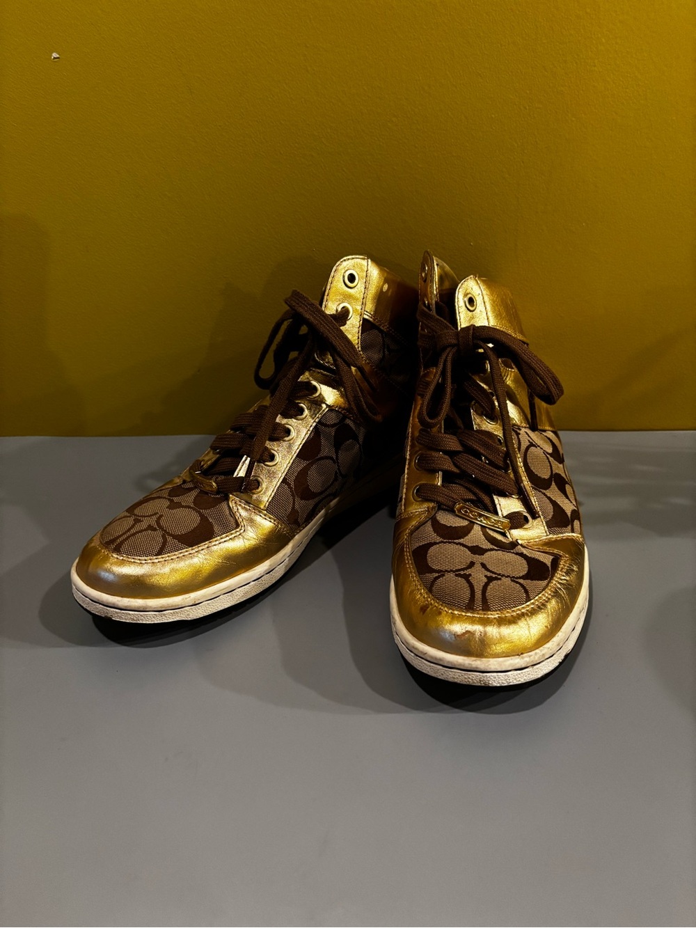 Coach Gold Metallic and Brown Signature High-Top Sneakers
